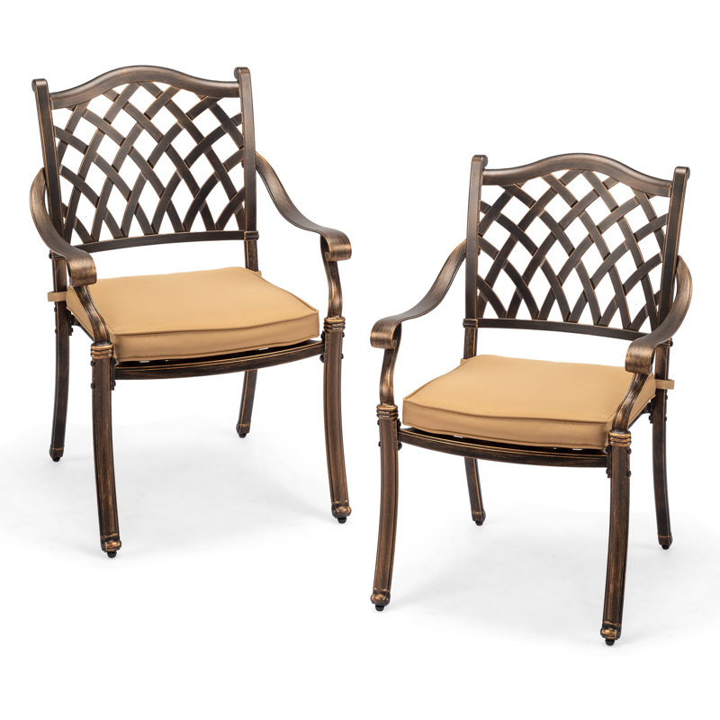 Chaise de salle à manger d'extérieur en fonte d'aluminium avec coussin (ensemble de 2)