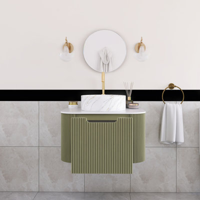 24 po Meuble-lavabo mural simple flottant en bois naturel avec plateau en marbre artificiel