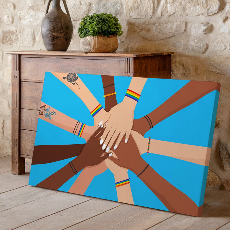 Toile, "Vibrant Illustration" mettant en vedette des mains diverses qui se rassemblent dans un art mural, formation circulaire contre un bleu vif, art sur toile