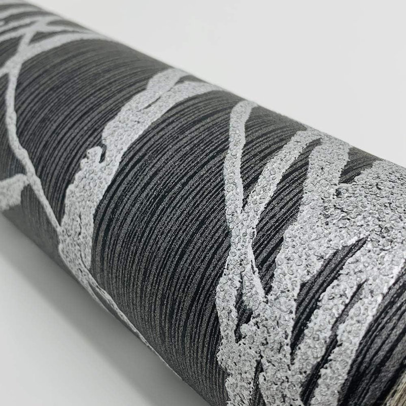 Rouleau de papier peint non tissé à motif d'arbre moderne et minimaliste, noir et gris, 20,8 x 393 pouces