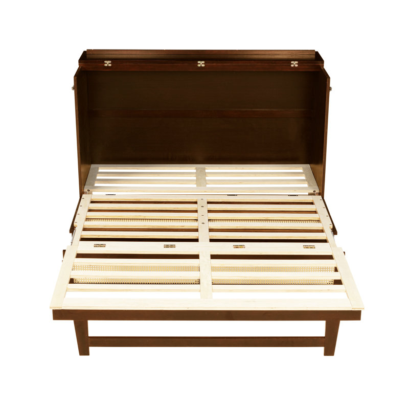 Grand lit escamotable avec armoire en bois de pin, tiroir de rangement et de rangement en rotin, lit mural peu encombrant au fini noyer
