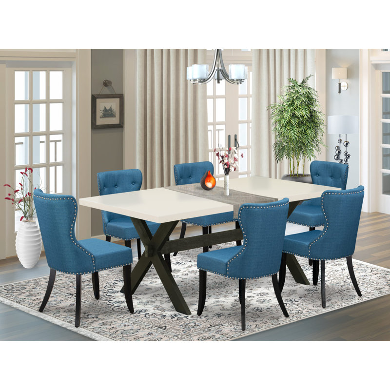 Ensemble de table de salle à manger 7 pièces moderne composé d'une table rectangulaire en bois avec pieds en X et 6 chaises de salle à manger Parson en tissu bleu