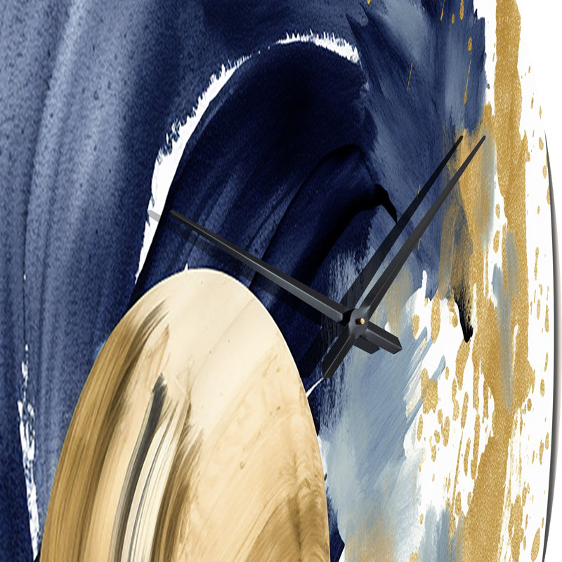 Horloge murale géométrique moderne bleu foncé et or à texture abstraite VI, Moyenne