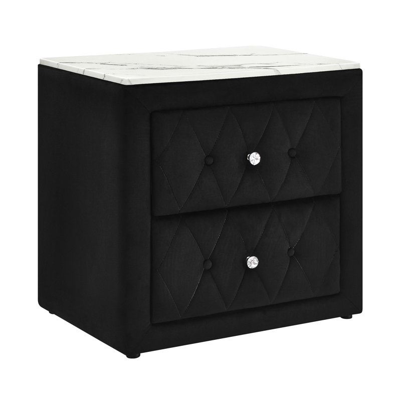1Pc Black Modern Nightstand With Faux Marble Top, Button - Fabric And Two Storage Drawers For Bedroom Regalness Rectangle Featuring Upholstery Fashion
