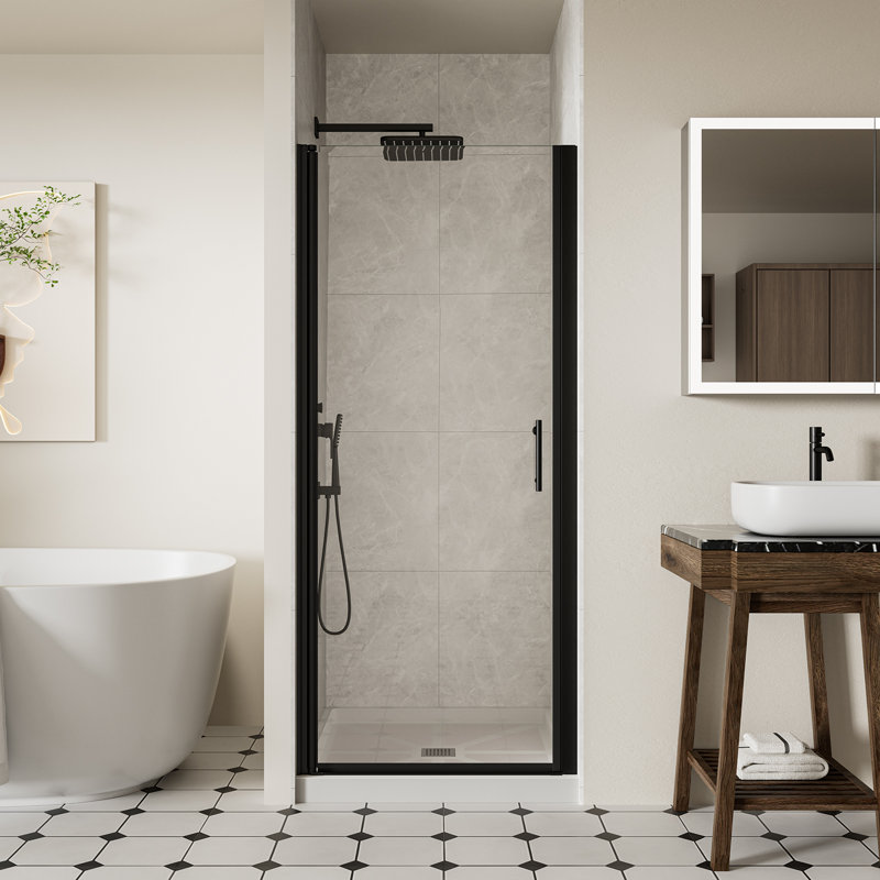 Porte de douche sans cadre l 32 à 33,4 po x H 72 po, portes de verre pivotantes avec verre trempé clair de 1/4 po (6 mm), porte de douche battante noire matte réglable