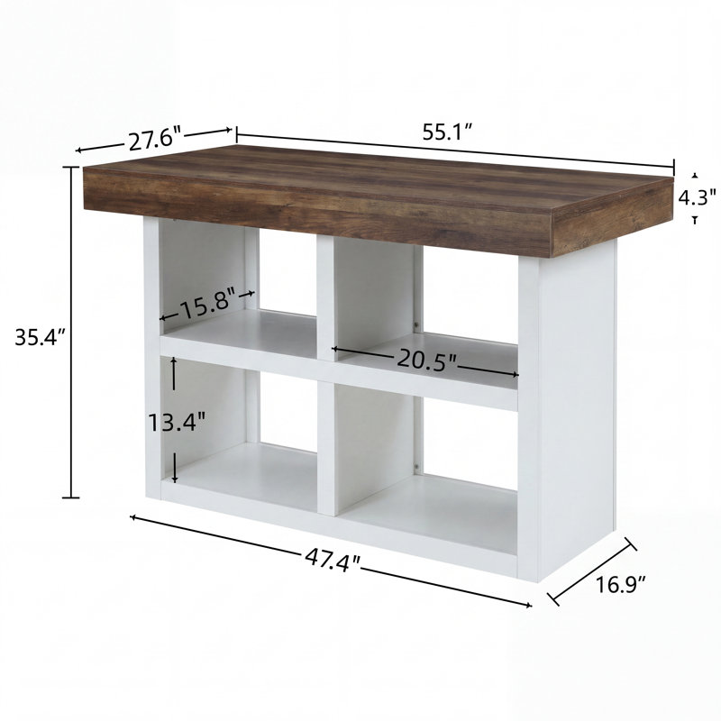 Table de bricolage avec rangement, meuble de couture à hauteur de comptoir, rangement pour fournitures artistiques de 55 pouces avec 4 compartiments ouverts, poste de travail pour loisirs créatifs, atelier de dessin, chariot îlot (brun et blanc)