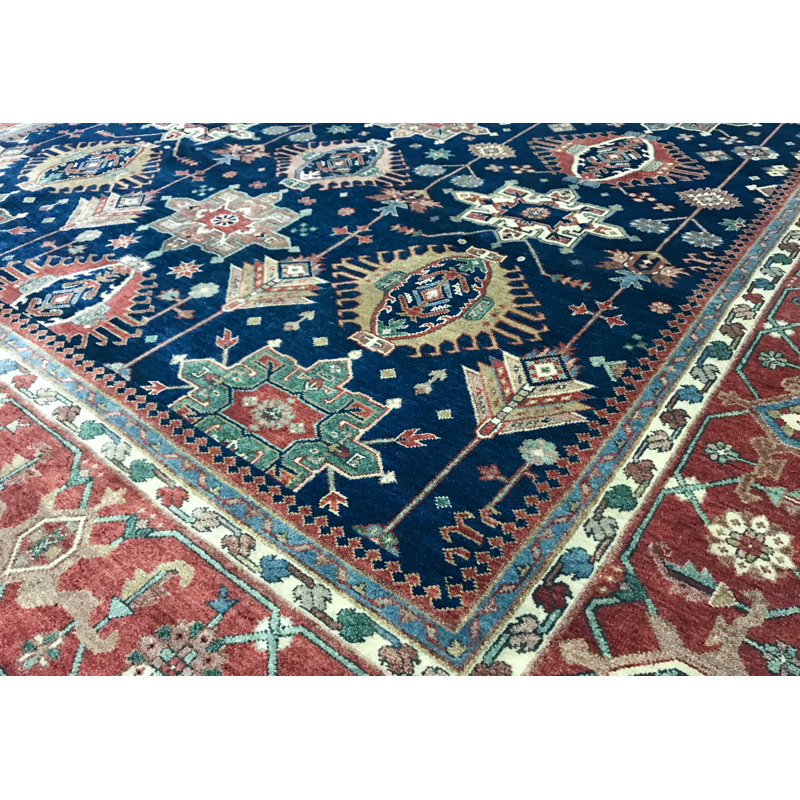 Hand-Knotted High-Quality Blue and Rust Area Rug