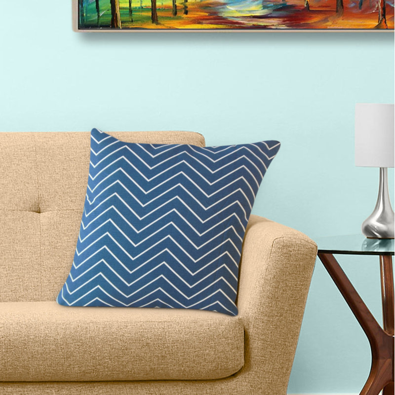 Oreiller en coton Adelphie Zigzag, 22 po x 22 po, Bleu, Coussin décoratif