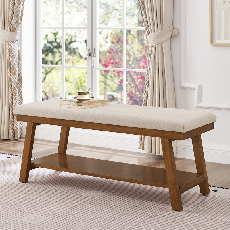 Banc rembourré en lin avec tablette de rangement - capacité de 350 lb, banc de bout de lit moderne avec siège rembourré