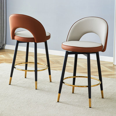 360 ° Rotatable Bar Chair.Modern Spliced Color PU Comfortable Upholstered Bar Chair With Smooth And Beautiful Black Metal Legs For Dining Room, Kitchen, Terrace.Set Of 2.