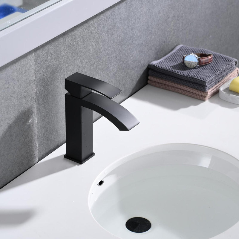 Waterfall Spout Bathroom Sink Single Handle Faucet with Pop-Up Drain (with Overflow), Matte Black