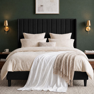 83.1"L x 77.6"W x 52"H King Size Bed Frame with Tufted Velvet Headboard, Diamond Pattern Striped Back with USB Charging Outlets, Slatted Wood Foundation for Bedroom Living Area, Black
