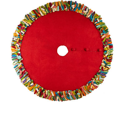 Handmade Felt Wool Christmas Tree Skirt - Multicolor Fringe Border on Red - 51"