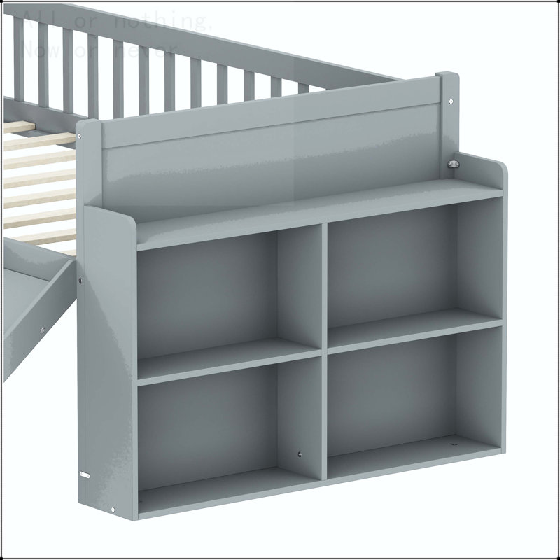 Twin Size Bed Frame with Storage Shelf, Slide, and Ladder, Gray