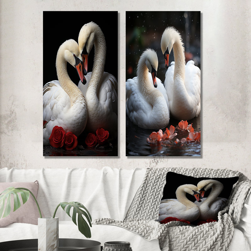 Swans Romantic Portrait - Ensemble de 3 décorations murales en métal Swans, H 28 po x l 24 po