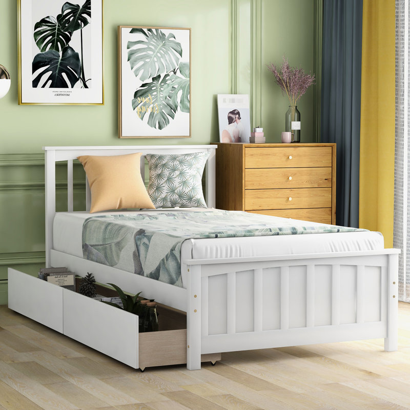 Lit plateforme simple blanc avec tiroirs de rangement - Bois massif pour deux tiroirs de taille chambre à coucher confortable, un environnement apaisant