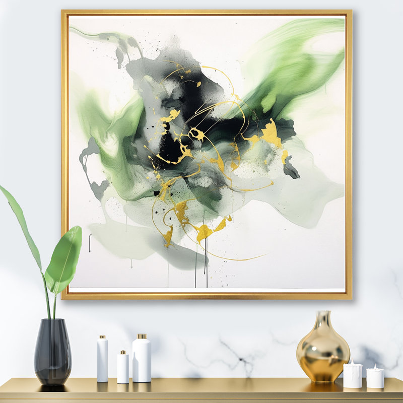 Green and Black Splash - Fractals, reproduction d'art sur toile encadrée, Cadre flottant doré, H 24 po x l 24 po x P 1 po