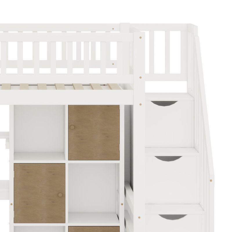 Space-Saving Multifunctional Wooden Loft Bed Frame With Desk, Stairs, Bookshelf And Storage Drawers, White