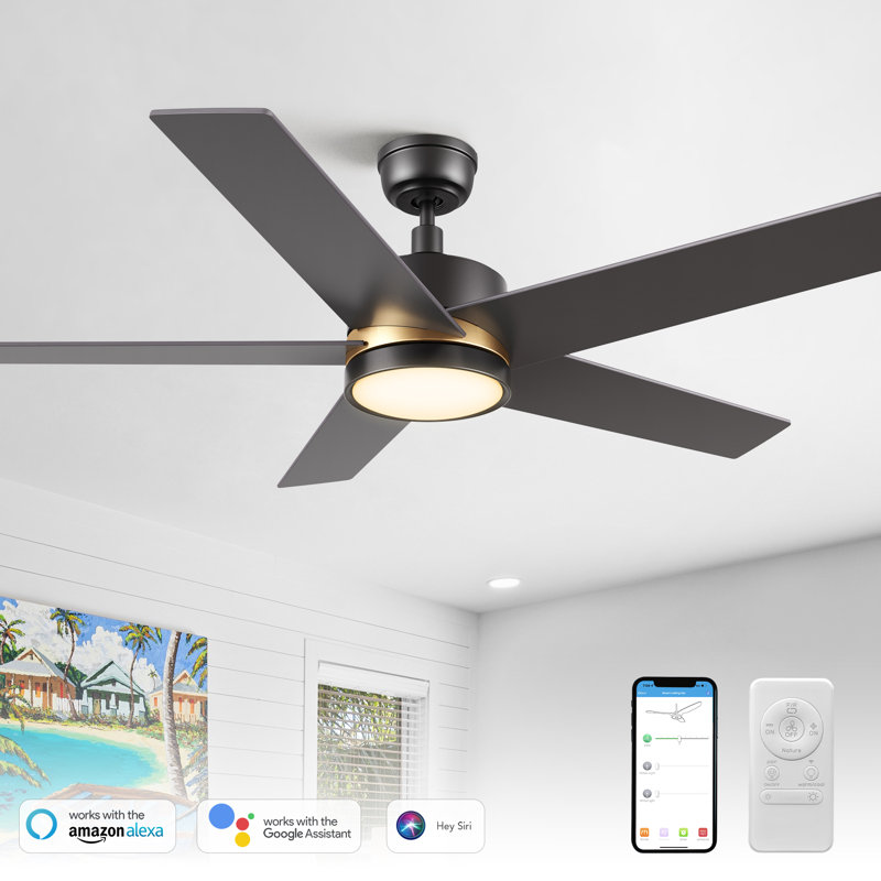 Ventilateur de plafond intelligent à 5 pales DEL avec télécommande et ensemble d'éclairage inclus, Noir