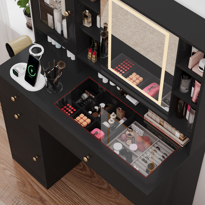 Bureau de coiffeuse avec miroir et lumière, Noir, noir, noir, noir