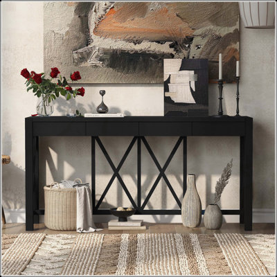 Console 60 po en placage d'acacia avec 4 tiroirs spacieux