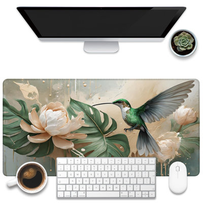 Desk Pad, Elegant Hummingbird Desk Mat, Oil Painting Flowers and Leaves Large Gaming Mouse Pad, Extended Big Computer Mouse Pad with Non-Slip Base and Stitched Edge, 15.75 x 31.5 inComes with a pure white mug as a gift