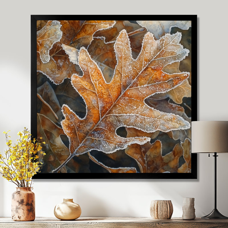 Frosty Oak Leaf II - feuilles, art mural, H 16 po x l 16 po, Reproduction encadrée d'une seule photo, Noir, noir, noir, noir
