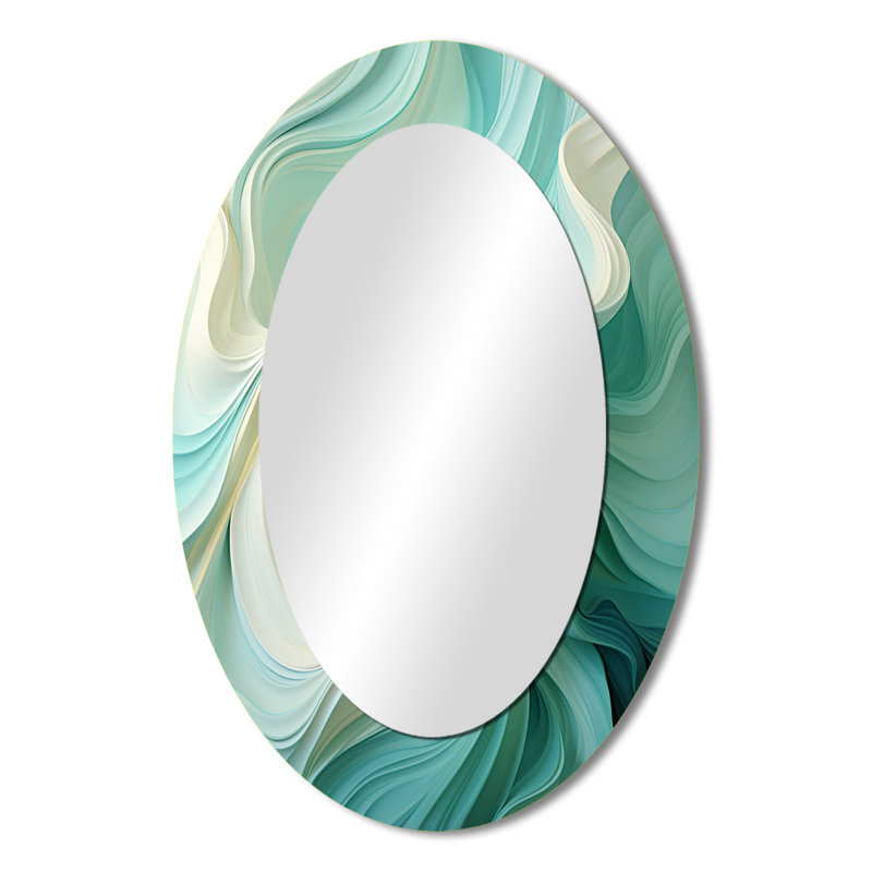 Gree And White Sway Wave Serenity II - Green Oval Wall Mirror Decor, 36" x 24"