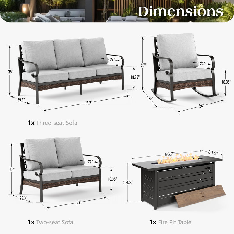 7 Person Outdoor Patio Conversation Set With Fire Pit Table, Rocking Lounge Chairs, & Loveseat, Black/Light Gray/Black