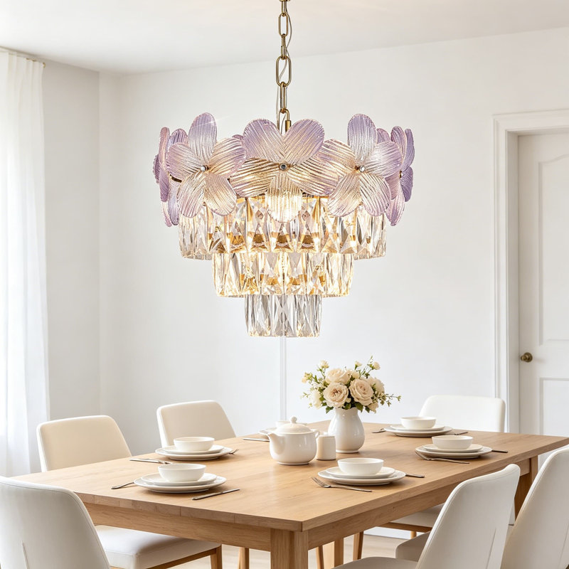 Lustre moderne à fleur mauve, luminaire suspendu en cristal doré à 3 lumières de 14 pouces K9, petit luminaire élégant à 4 niveaux pour la salle à manger, îlot de cuisine, chambre à coucher