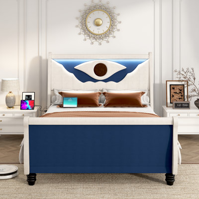 LED Upholstered Queen Bed Frame With Charging Station Headboard Footboard, 52" Tall Sleigh Headboard And Footboard Bed Frame Queen Size 12 Wood Slats Support, Wood Platform Bed Frame With LED Lights, No Box Spring, All-Seeing Eye Design