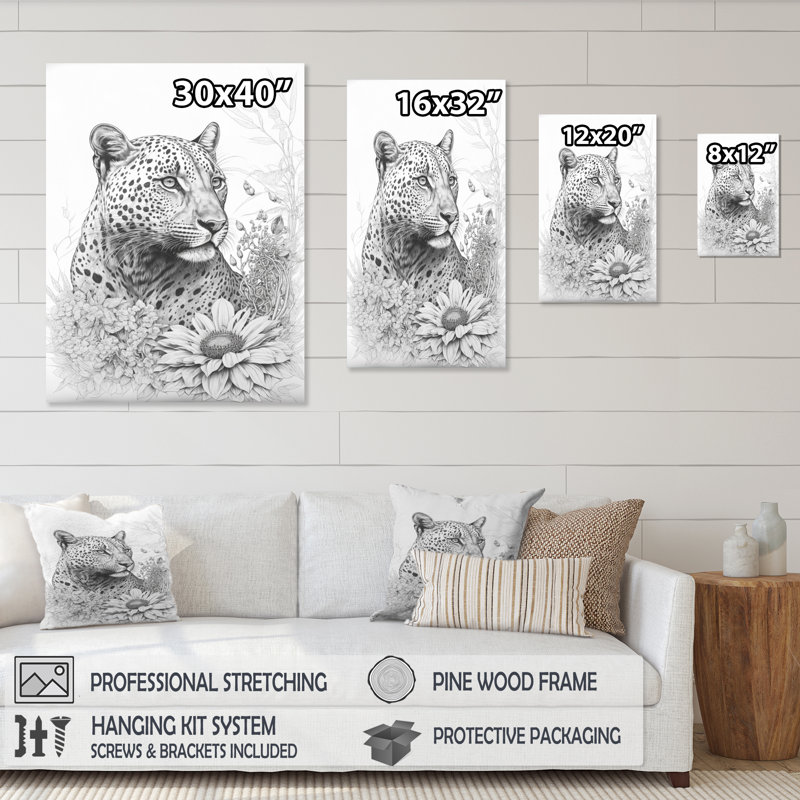 «Leopard noir et blanc dans les fleurs de la jungle II», reproduction sur toile, H 40 po x l 30 po x P 1,5 po, Toile tendue