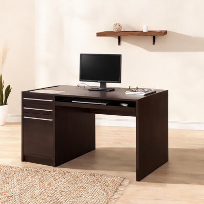 Richly Toned MDF Computer Desk with Keyboard Tray, Three Drawers, and Sleek Rectangular Silhouette