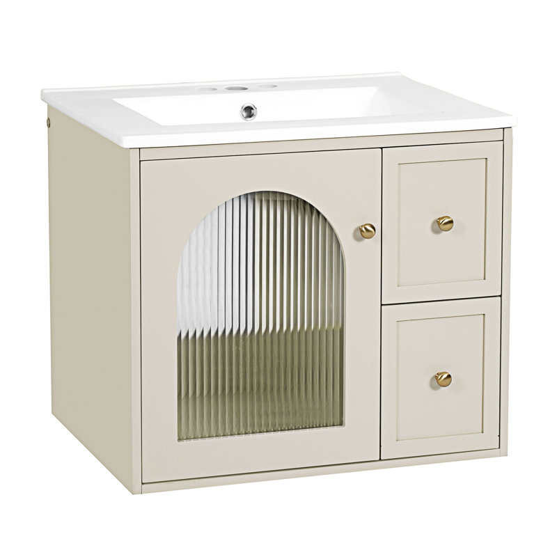 Wall Mounted Bathroom Vanity With Ceramic Sink, Beige