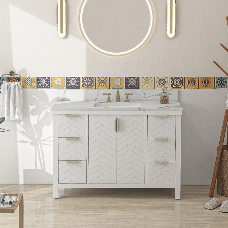 Meuble-lavabo simple 48 po avec comptoir en pierre reconstituée avec lavabo, Blanc