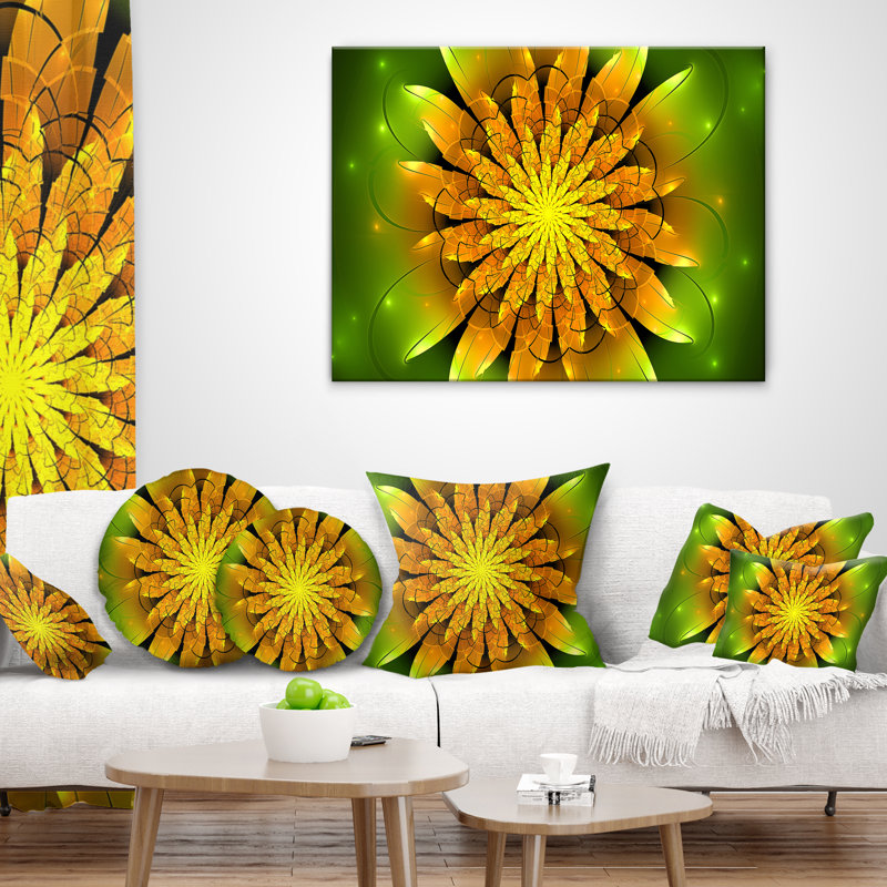Fleur fractale jaune vif sur fond vert - coussin à imprimé floral, 16 po x 1 po, Coussin décoratif