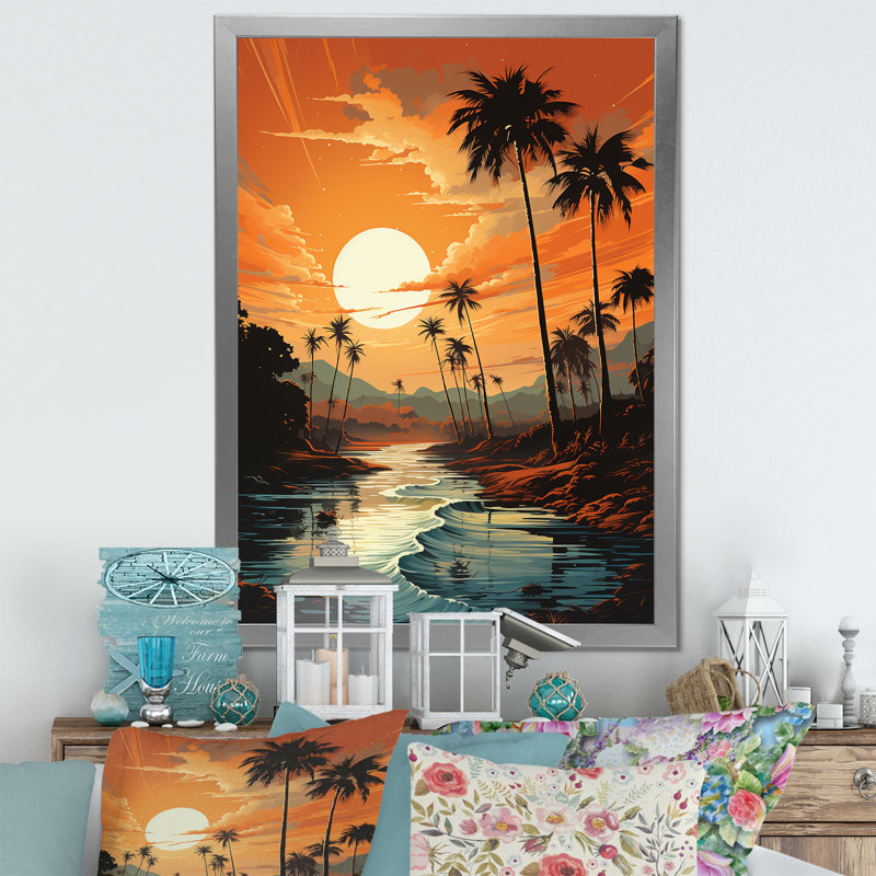Tangerine, crépuscule tropical, coucher de soleil II, Cadre simple argenté, H 44 po x l 34 po x P 1,5 po