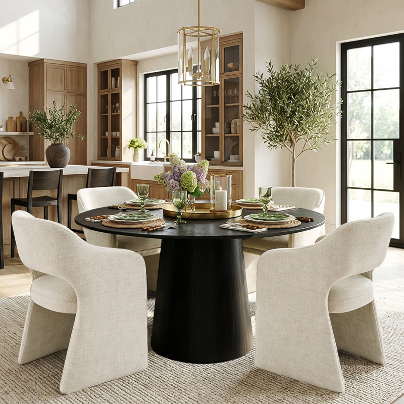 Ensemble de table de salle à manger pour 4 personnes avec table ronde et 4 chaises rembourrées, Noir, Beige