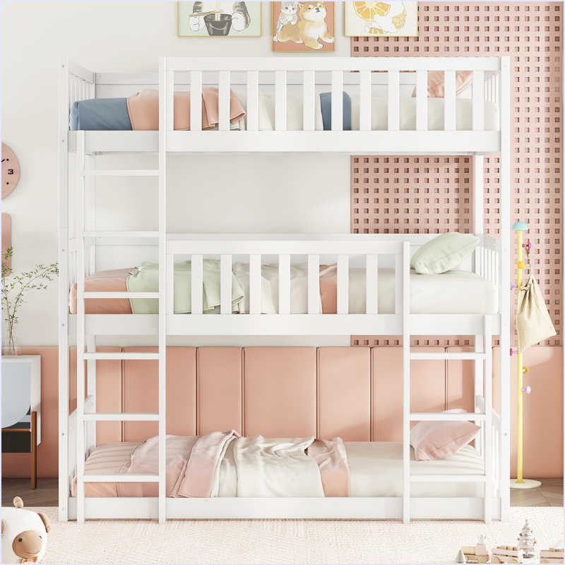 Twin Size Triple Rubber Wood Bunk Bed, With Ladders, Guardrails Detachable Bunk Bed, Twin Over Twin Over Twin,  White