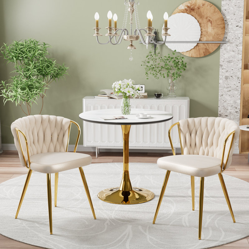 Marble Top Pedestal Dining Set, 3, Beige/Gold