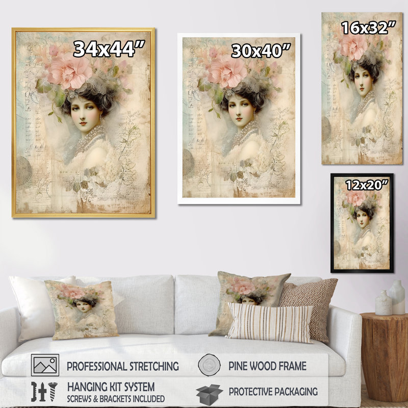 Victorian Lady Pink Roses, impression rustique sur toile, H 20 po x l 12 po x P 1 po, Cadre flottant blanc
