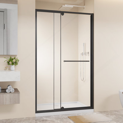 44-48.In W X 72.In H Pivot Shower Door, 1/4 Inch Thick Clear Tempered Glass Swing Shower Door With Stainless Steel Handle, Black