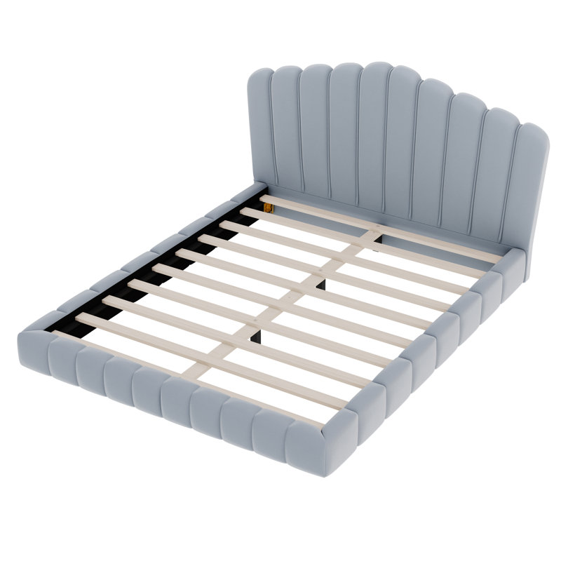 Upholstered Bed Frame with Curved Headboard, Velvet Platform Bed Without Legs, Weight Capacity 500 lbs, No Box Spring Needed