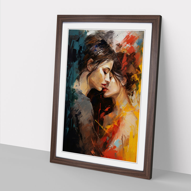 Two Women In Love Gestural No.2 - Single Picture Frame Print on Wood, 46cm H x 34cm W, Walnut Framed