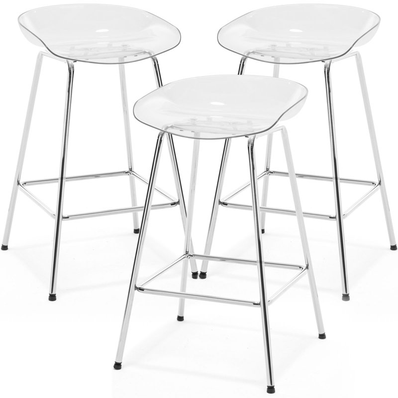 26" Clear Plastic Seat Counter Stools with Chrome Metal Frame, Set of 3