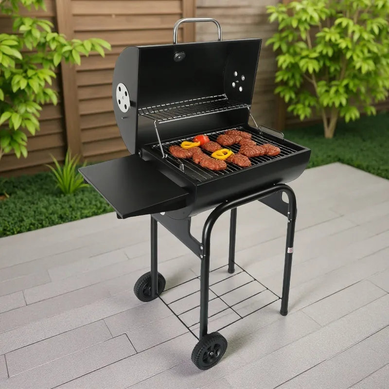 Barbecue au charbon de bois en tonneau avec table d'appoint pliable, barbecue extérieur portatif en acier inoxydable pour la cour arrière, le camping et la fête d'avant-match