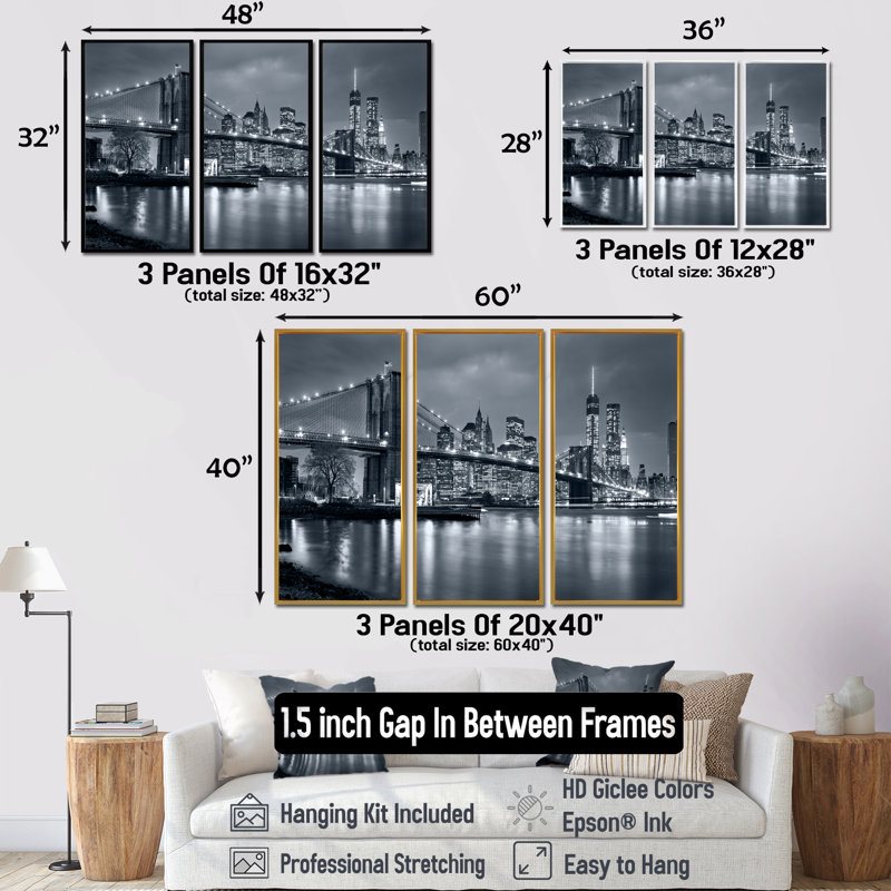 «Panorama New York City At Night - Cityscape», ensemble d'art mural sur toile encadré, H 32 po x l 48 po, Silver