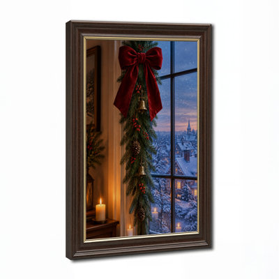 Guirlande de pin avec nœud en velours rouge et toile de Noël enneigée