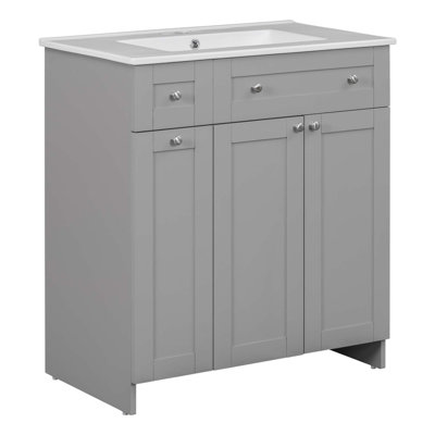 Meuble-lavabo de 30 pouces avec lavabo en céramique, armoire de rangement abondante - 2 portes à fermeture en douceur et tiroir profond à deux niveaux