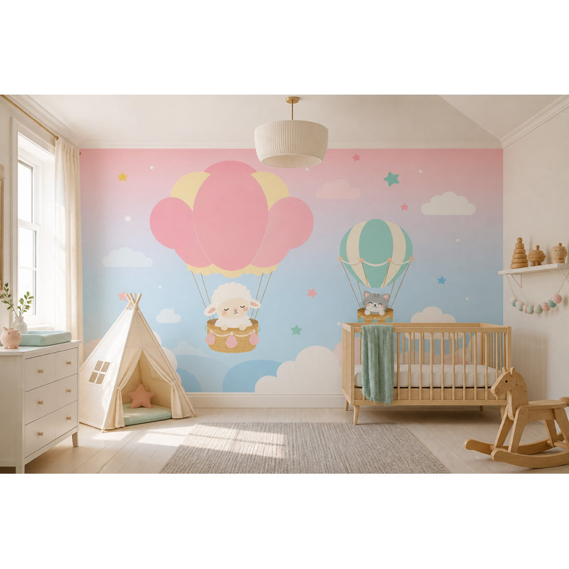 Ballons à air chaud, papier peint amovible, animaux mignons, décoration murale, 100 po x 96 po, Peler et coller